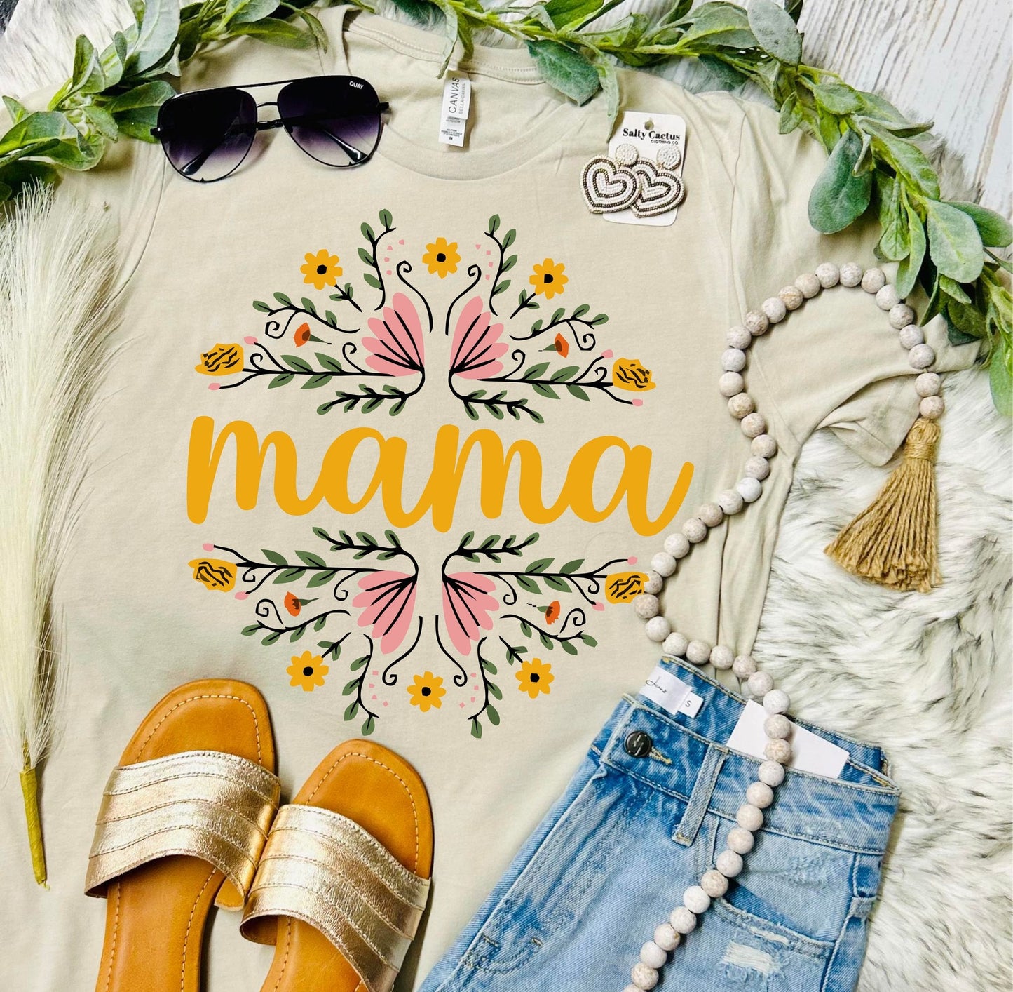 Floral Custom Name Tan Tee