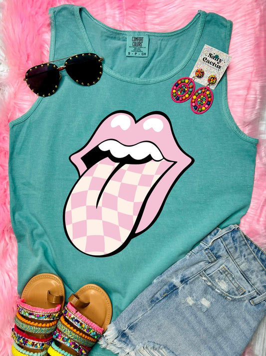 *DTF* Pink Checkered Tongue Seafoam Comfort Color Tank Top