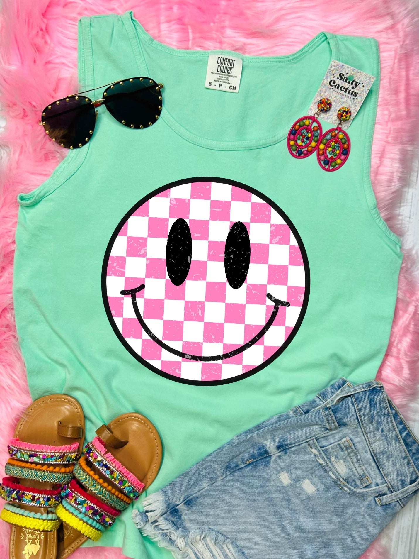 *DTF* Pink Checkered Smiley Island Reef Comfort Color Tank Top