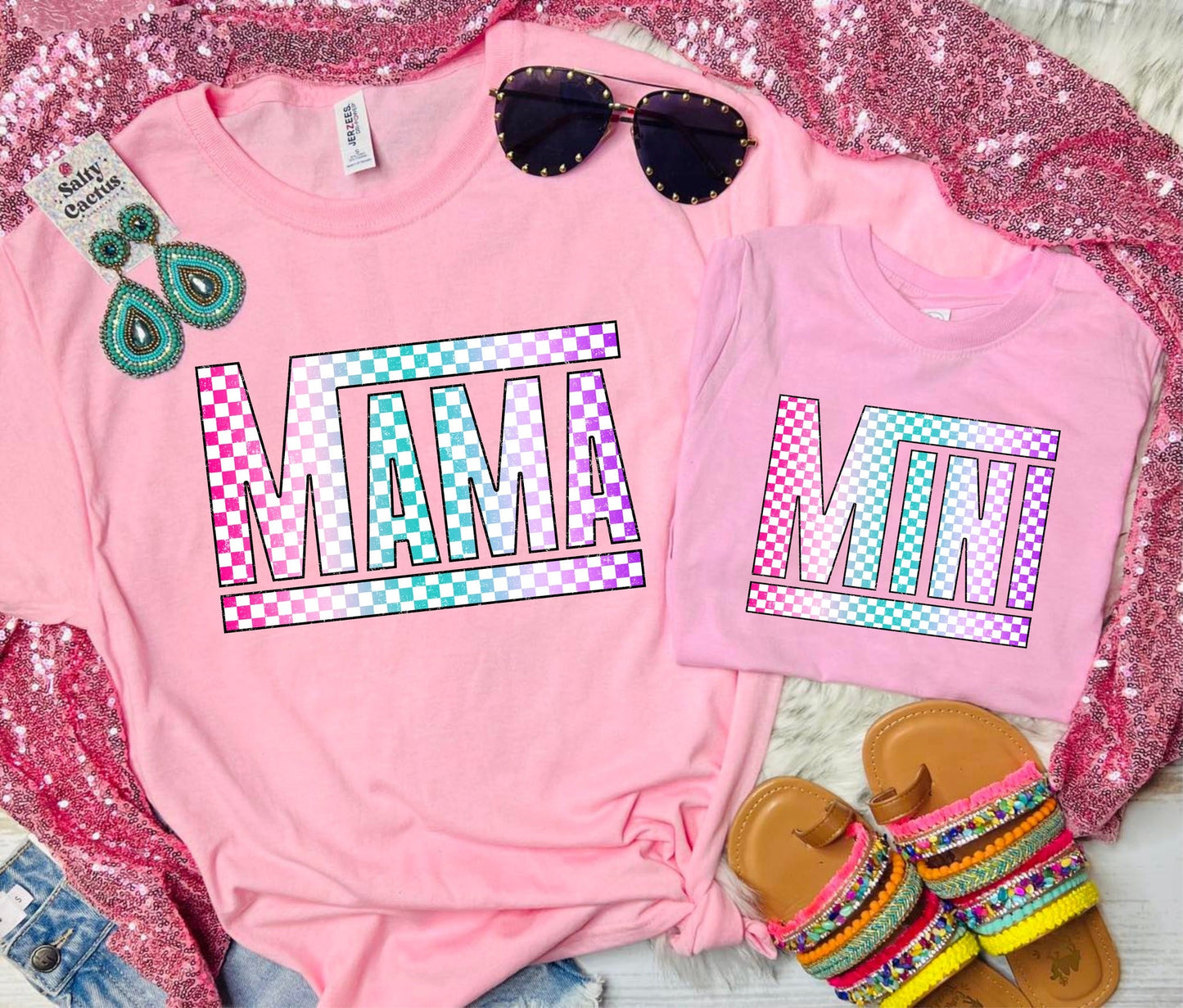 *DTF* Retro Checkered Mini/Mama Baby Pink Tee