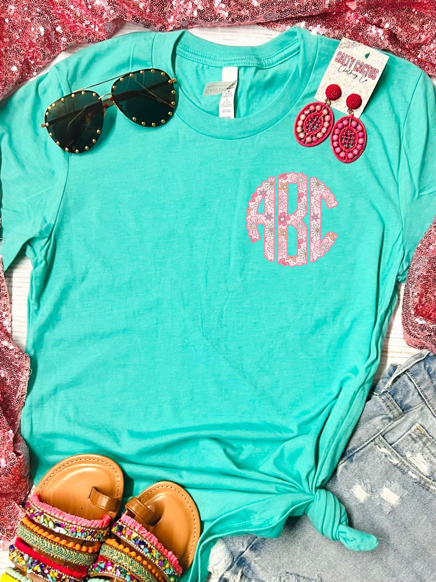 *DTF* Floral Scalloped Mono Small Pocket Bella Seafoam Tee