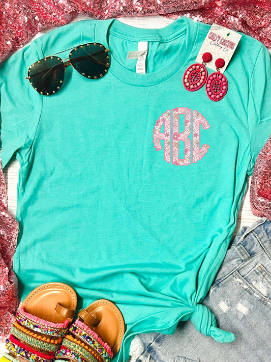 *DTF* Floral Scalloped Mono Small Pocket Bella Seafoam Tee