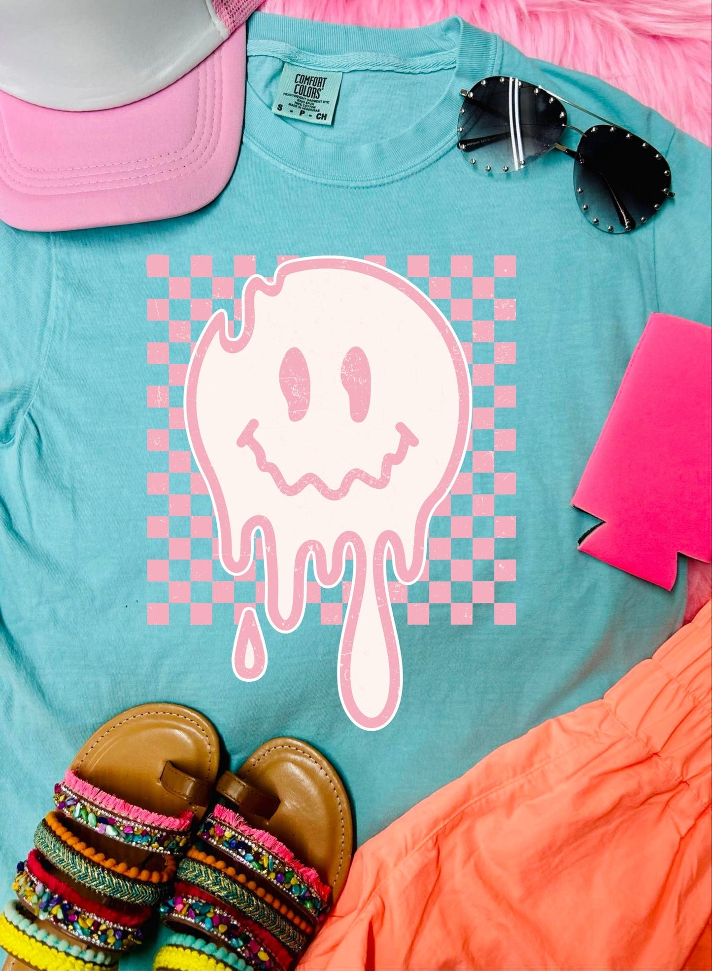 *DTF*Checkered Melting Smiley Chalky Mint Comfort Color Tee