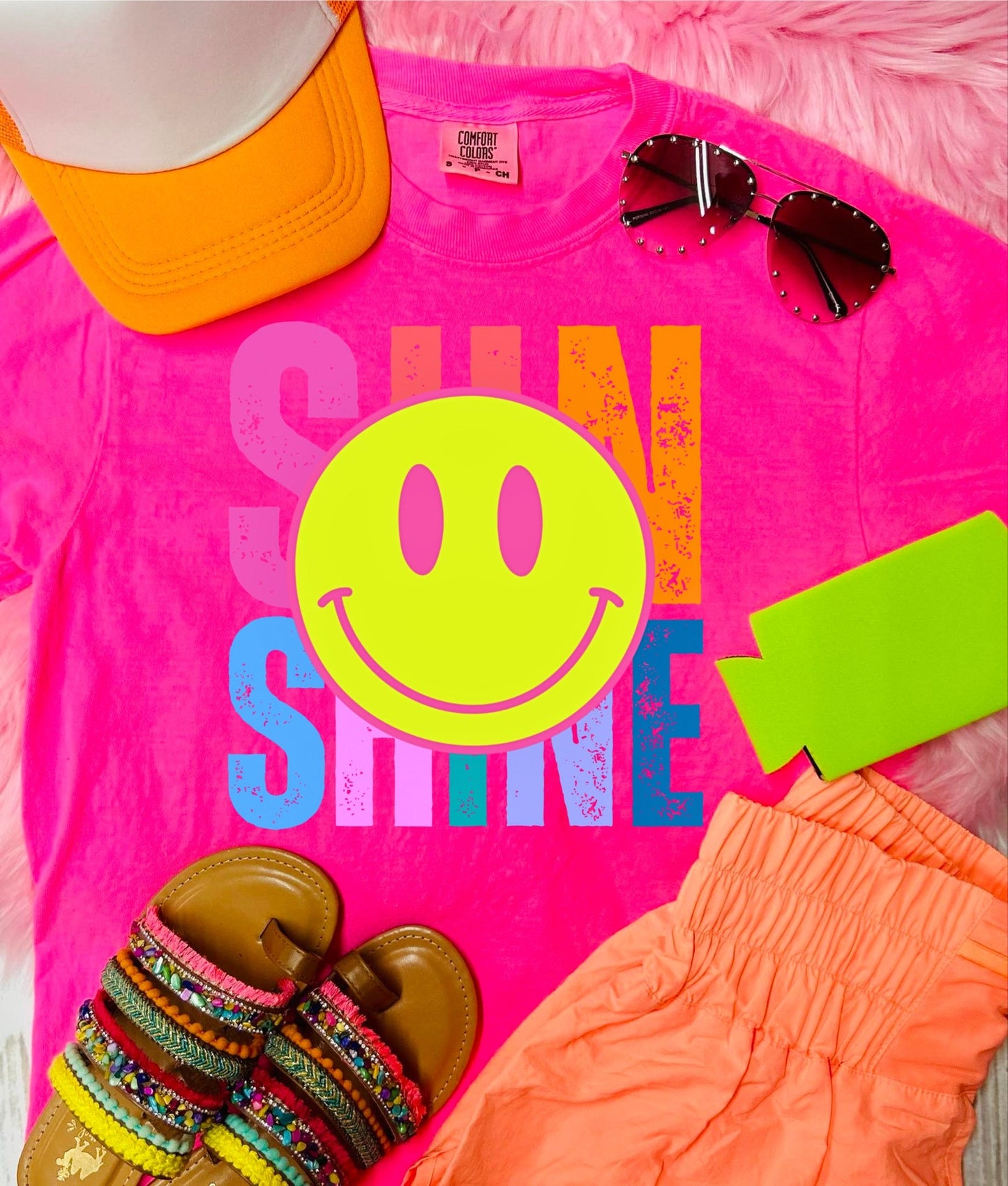 *DTF*Sunshine Neon Smiley Neon Pink Comfort Color Tee