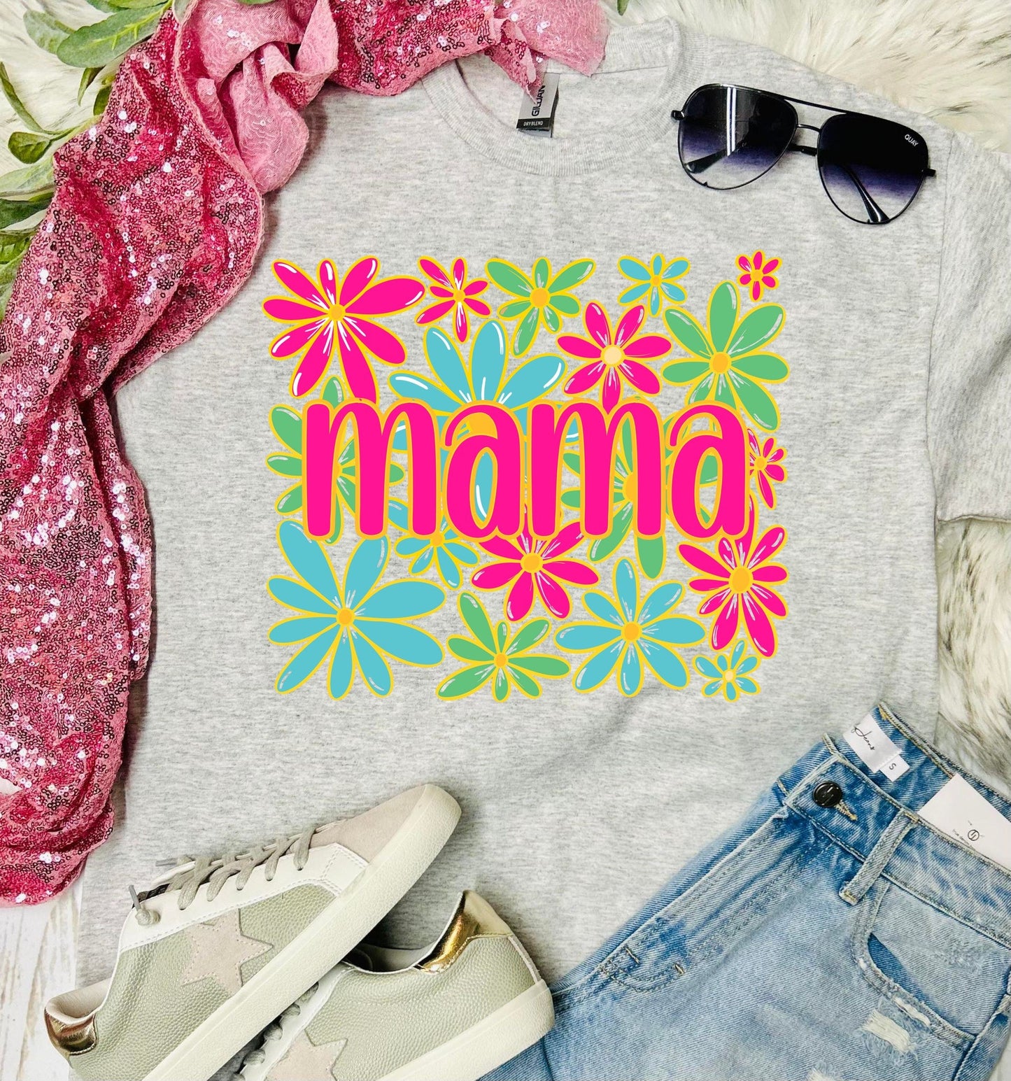 Floral Neon Name Bella Ash Grey Tee