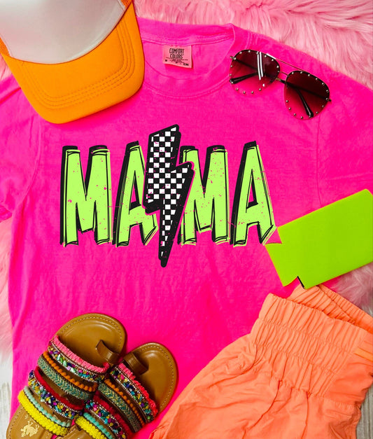 *DTF* Mama Neon Checkered Bolt Neon Pink Comfort Color Tee