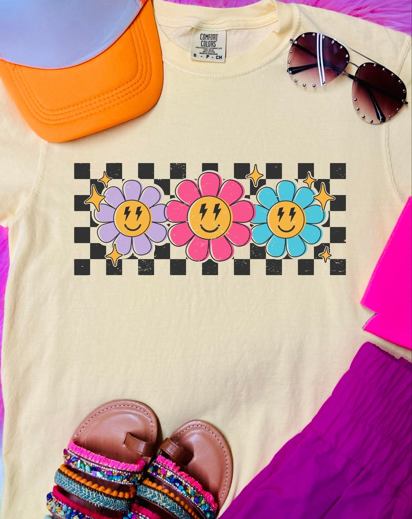 *DTF* Bright Smiley Checkered Butter Comfort Color Tee