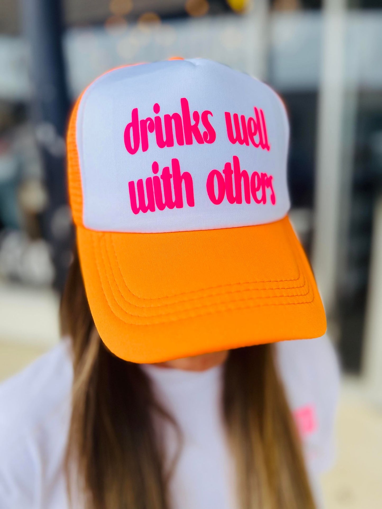 *TRUCKER HAT PUFF* Drinks Well With Others Neon Orange