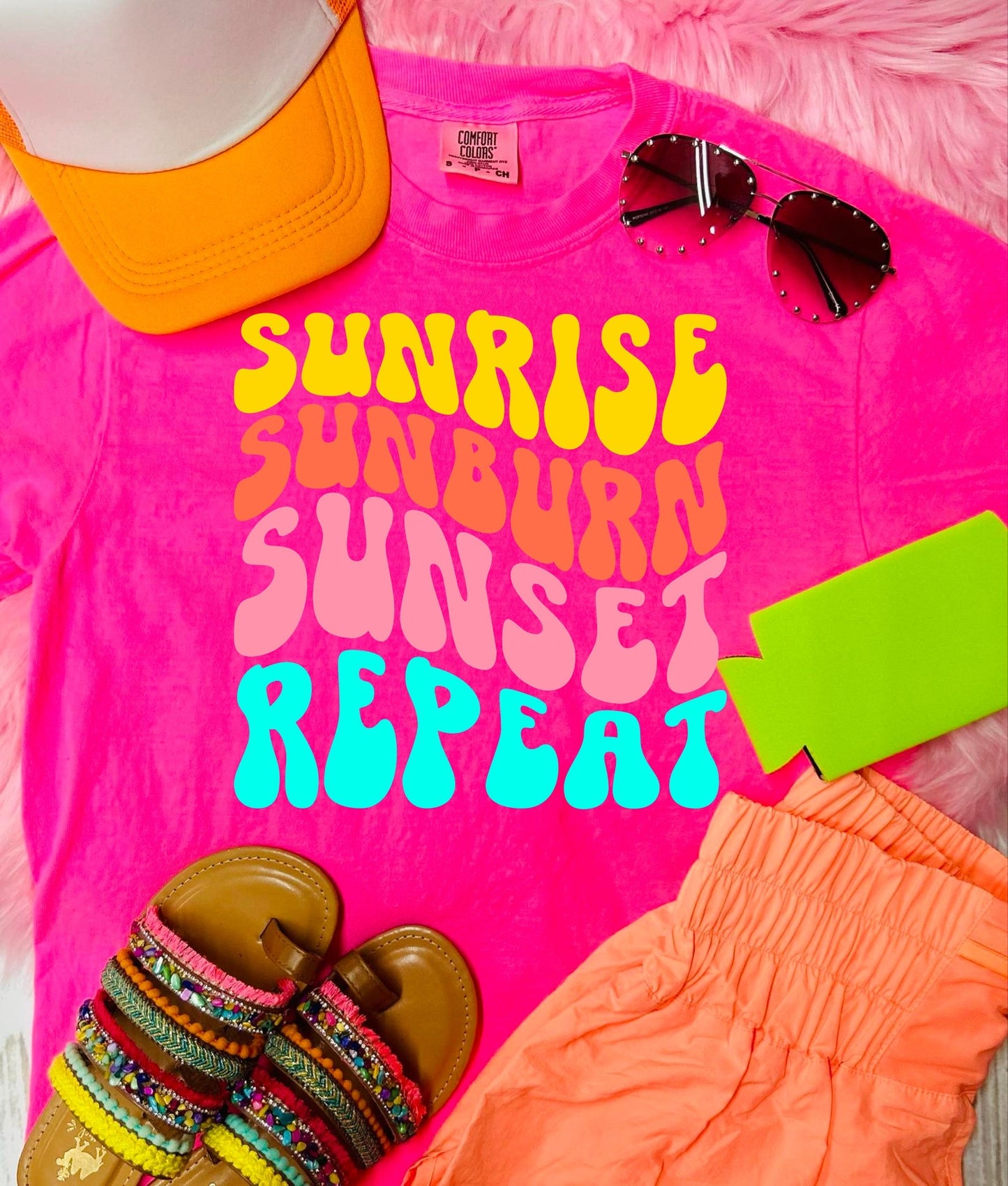 *DTF* Neon Sunrise Sunburn Sunset Repeat Neon Pink Comfort Color Tee