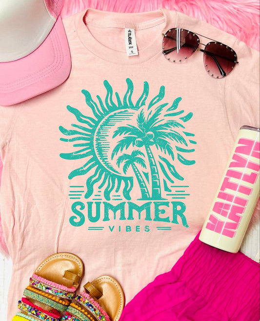 Teal Summer Vibes Island Time Baby Pink Tultex Tee