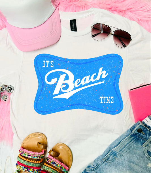 It's Beach Time Neon Blue White Tee