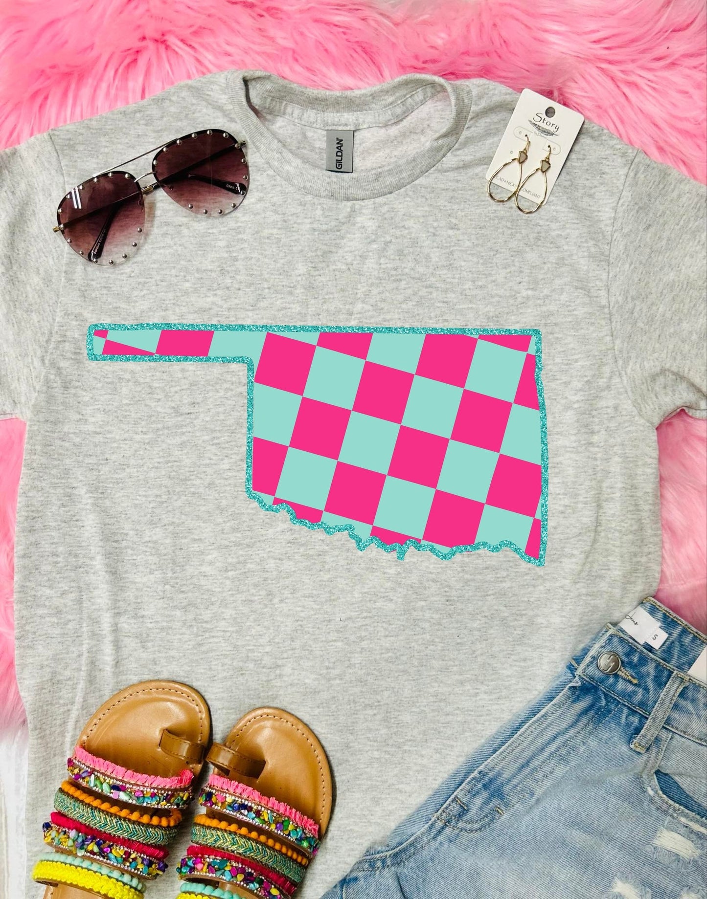 State Neon Glitter Checkered Ash Grey Tee