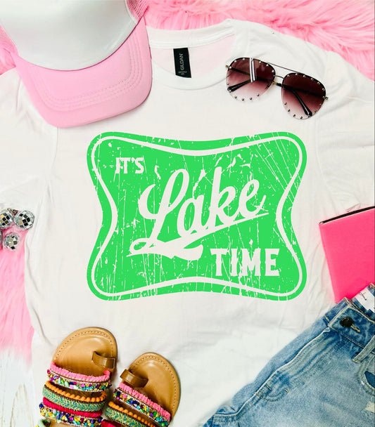 It's Lake Time Neon Green White Tee