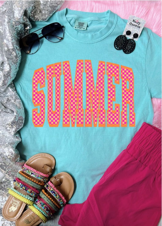 *DTF* Summer Orange and Pink Checkered Chalky Mint Comfort Color Tee