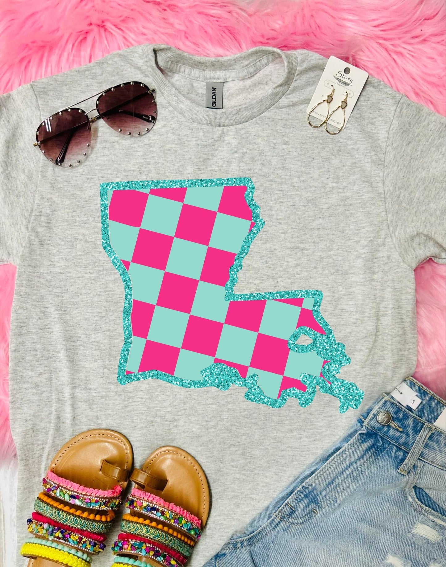 State Neon Glitter Checkered Ash Grey Tee