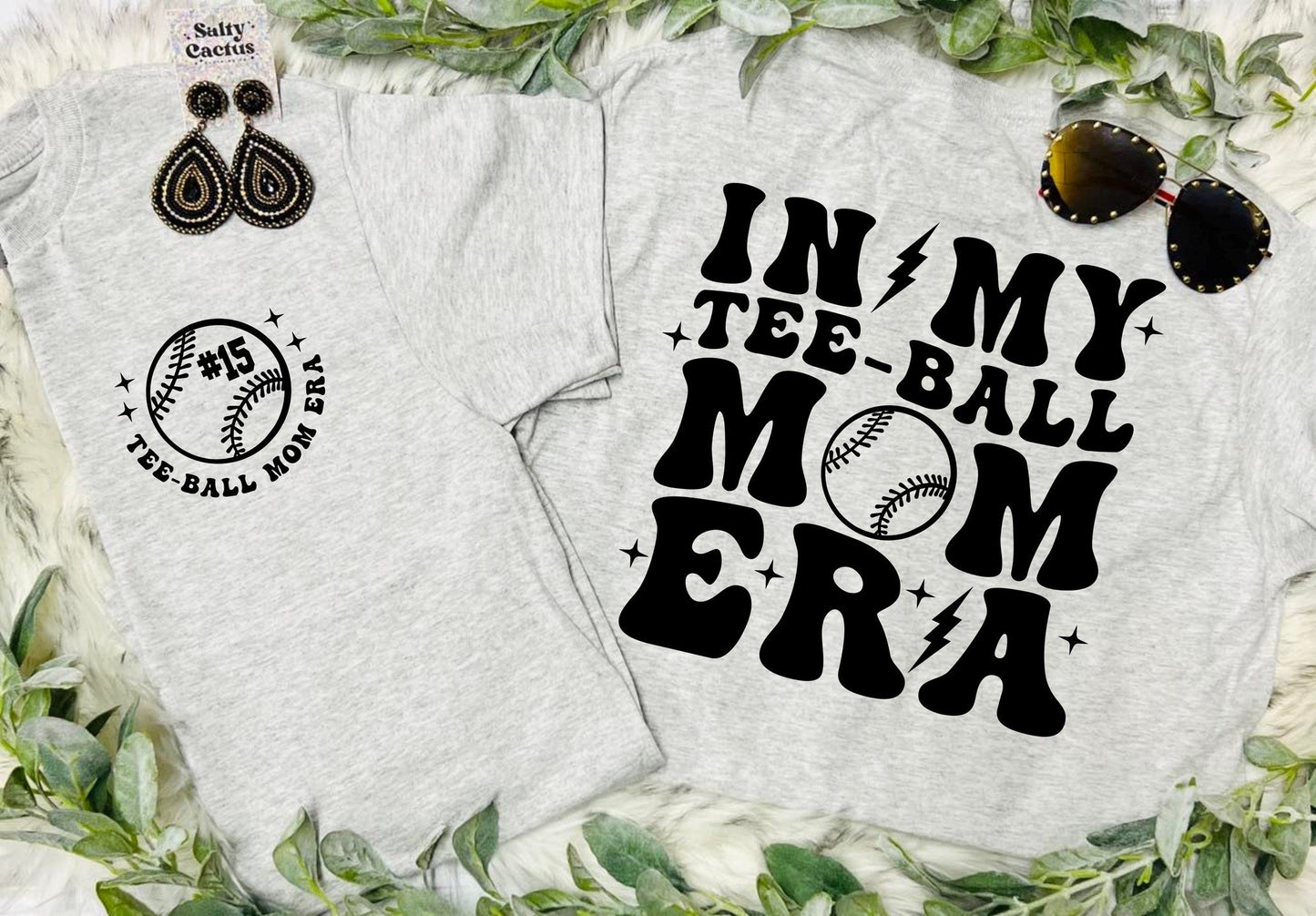 *CUSTOM* Tee-Ball Mom Era Front Pocket and Big On Back Design Ash Grey Tee