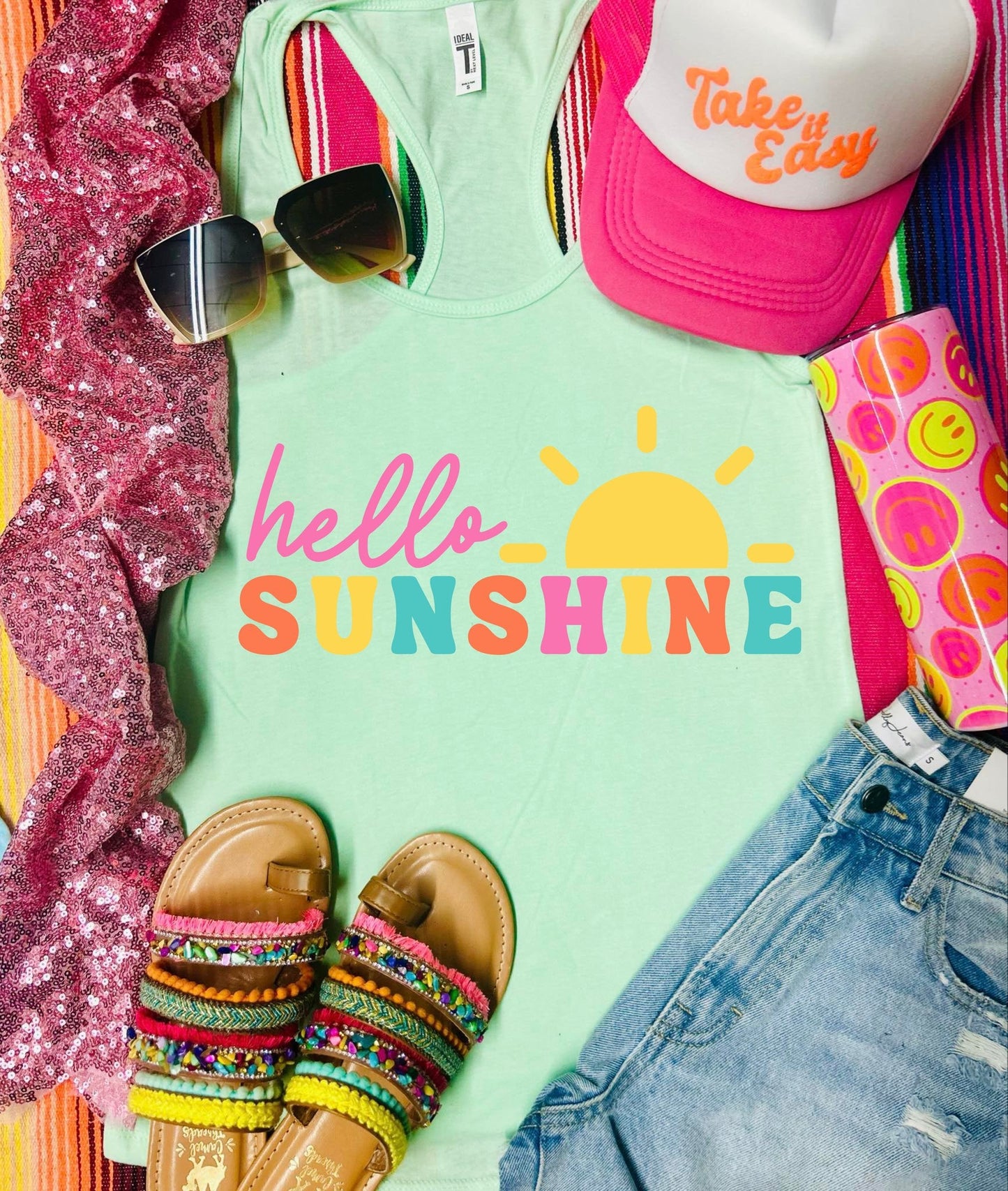 *DTF* Hello Sunshine Colorful Mint Nextlevel Tank