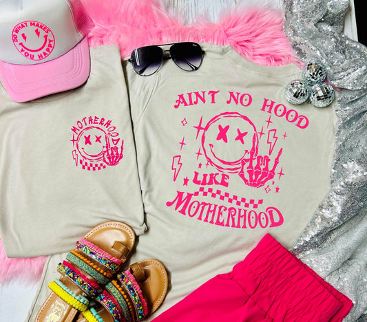 Ain't No Hood Like Motherhood Front and Back Tan Tee