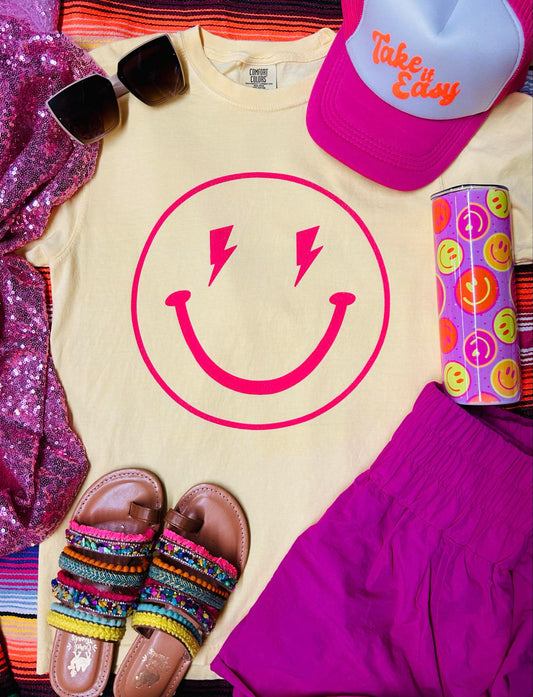 *SP* Neon Pink Smiley Bolt Butter Comfort Color Tee