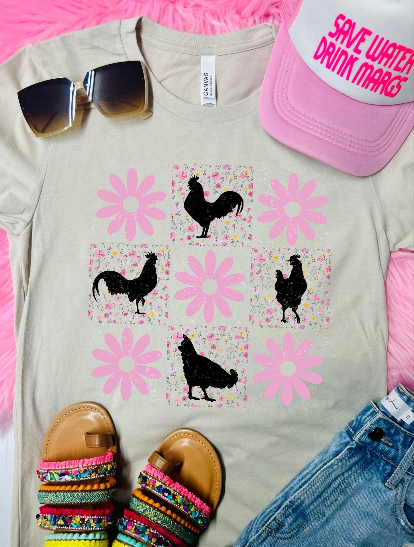 Groovy Floral Chickens Tan Tee