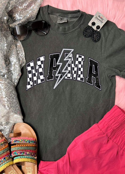 *DTF* Mama Checkered Glitter Bolt Grey Pepper Comfort Color Tee