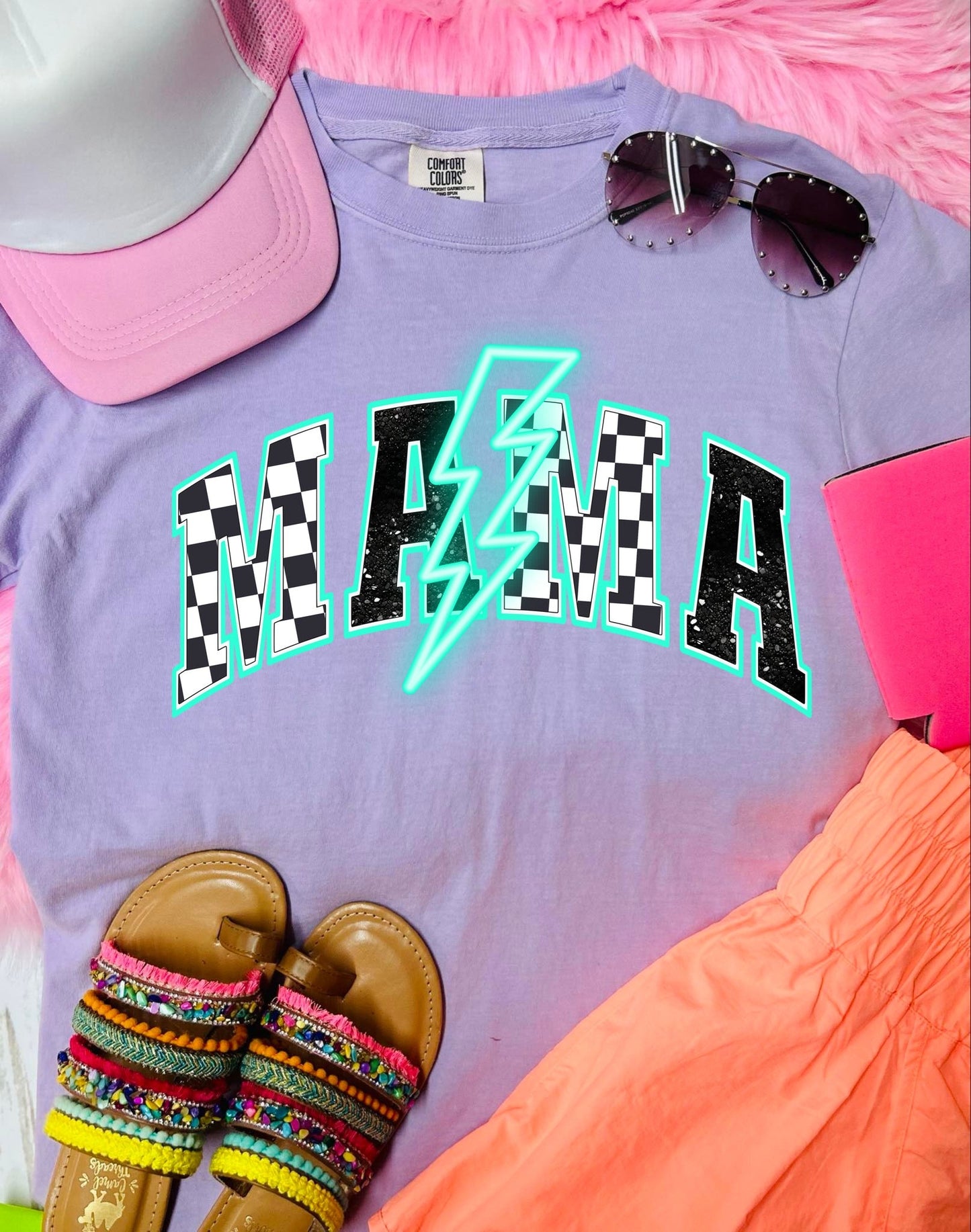 *DTF* Mama Checkered Glitter Bolt Aqua Orchid Comfort Color Tee