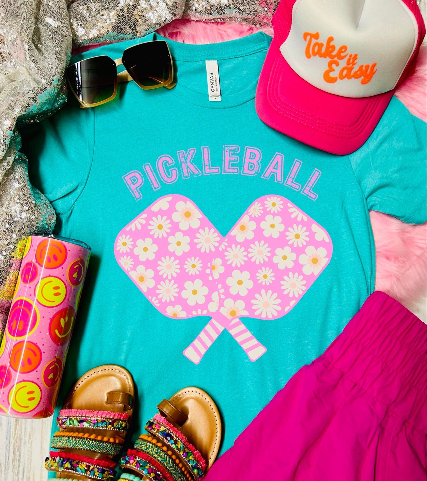 *DTF*Pickleball Flower Paddle Seafoam Tee