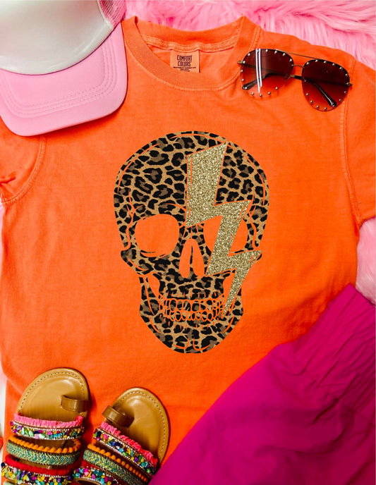 *DTF* Leopard Glitter Skull Melon Comfort Color Tee