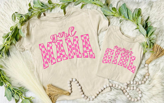 Pink Checkered Girl Mama/ Mamas Girl Tan Tee