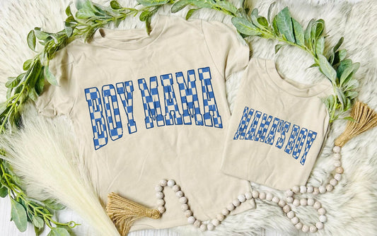 Blue Checkered Girl Mama/ Mamas Boy Tan Tee