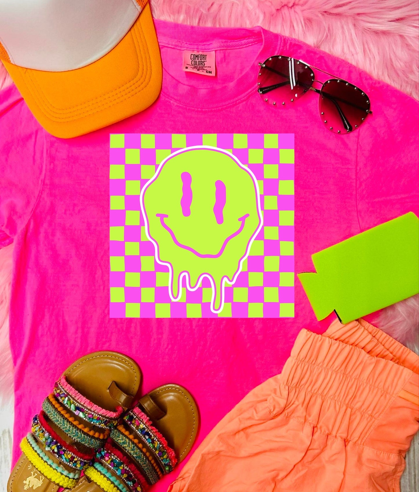 *DTF* Neon Checkered Pink Smiley Neon Pink Comfort Color Tee