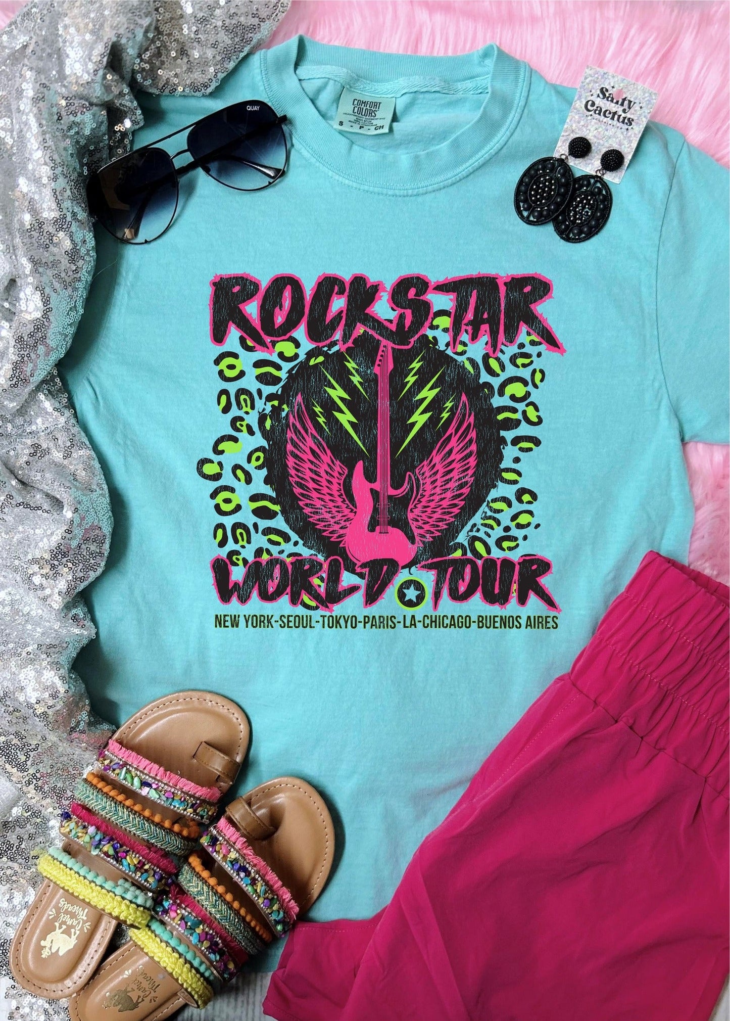 *DTF* Neon Rockstar World Tour Chalky Mint Comfort Color Tee