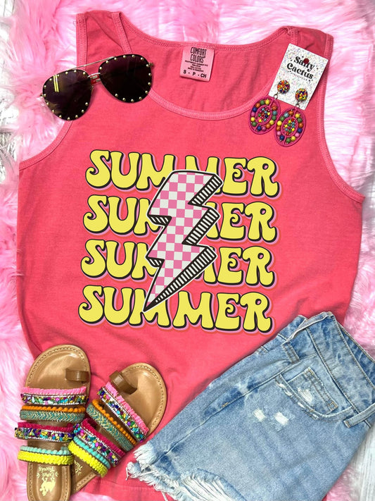 *DTF* Summer Stacked Neon Checkered Watermelon Comfort Color Tank