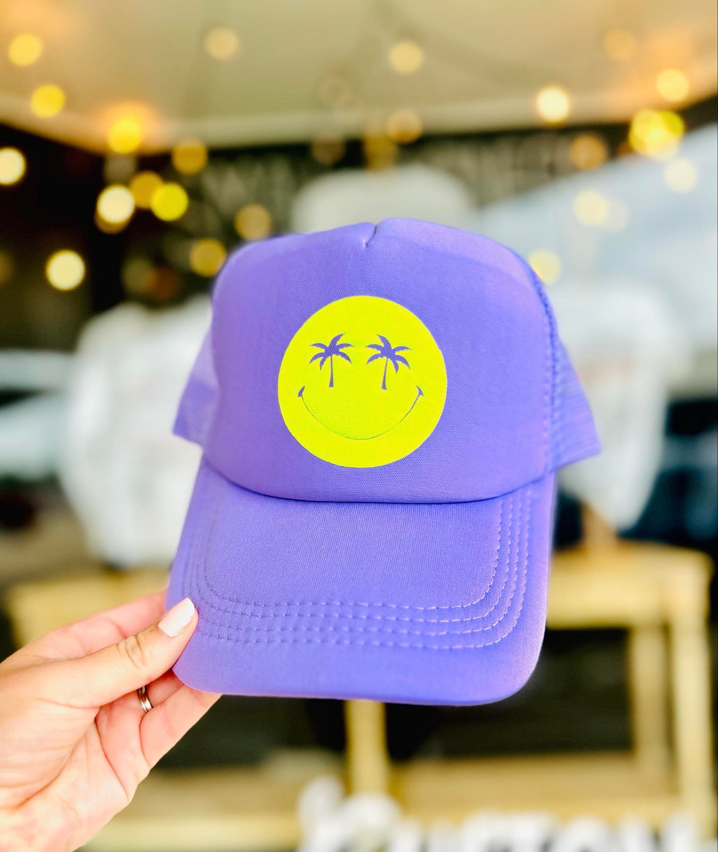 *TRUCKER HAT PUFF* Palm Smiley Neon Yellow Puff