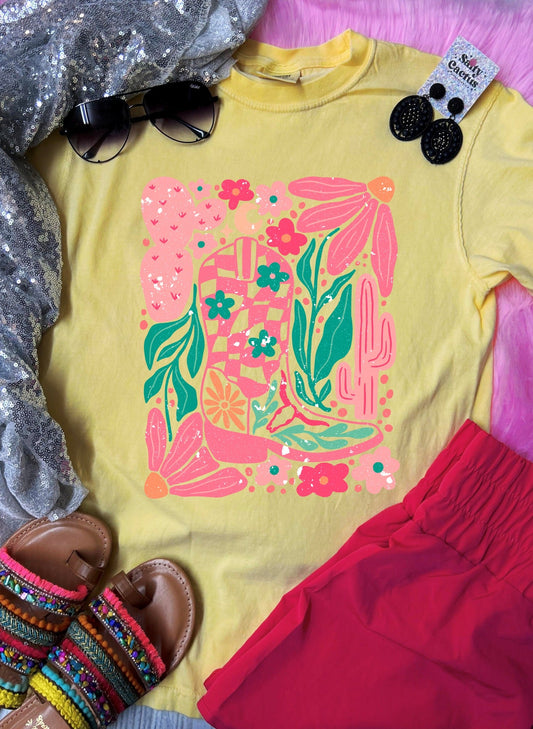 *DTF* Floral Pink Cowgirl Boot Butter Comfort Color Tee