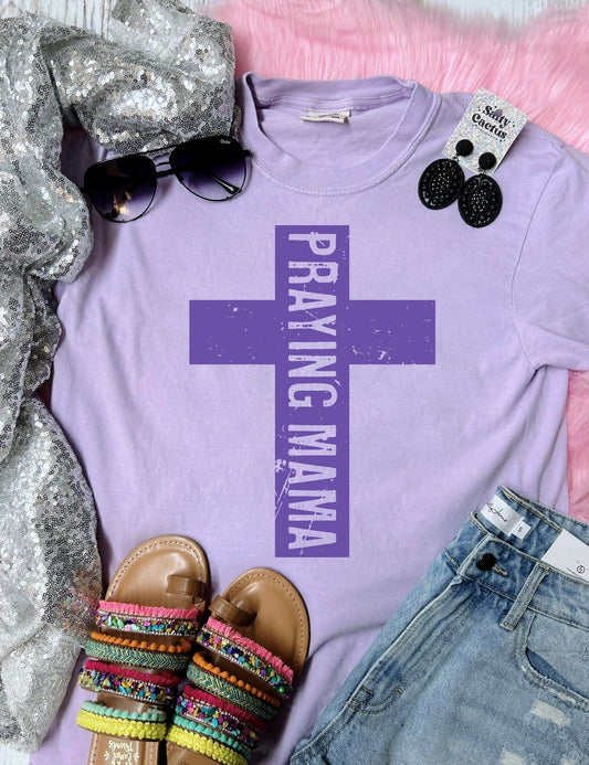 *DTF* Praying Mama Lavendar Cross Orchid Comfort Color Tee