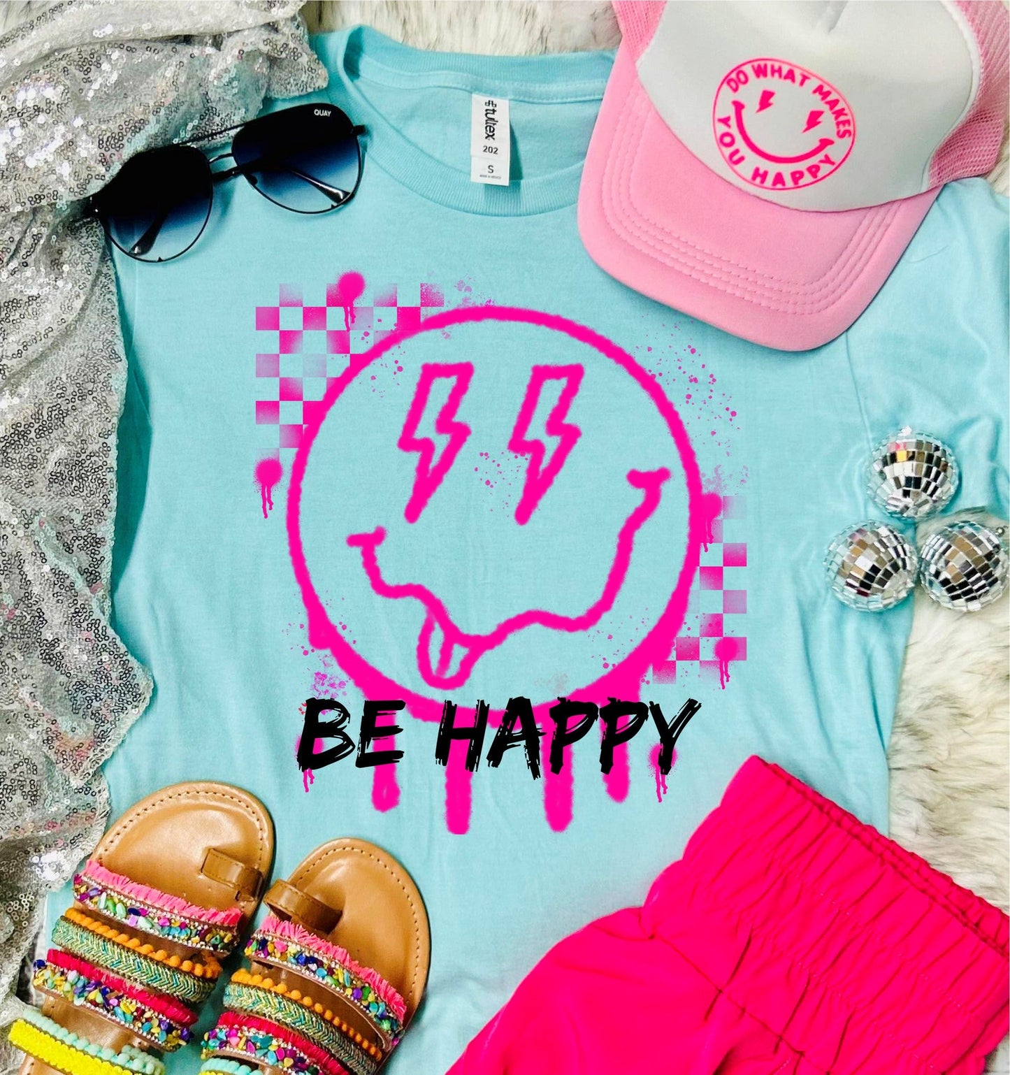 Be Happy Neon Pink Smiley Heather Purist Tee