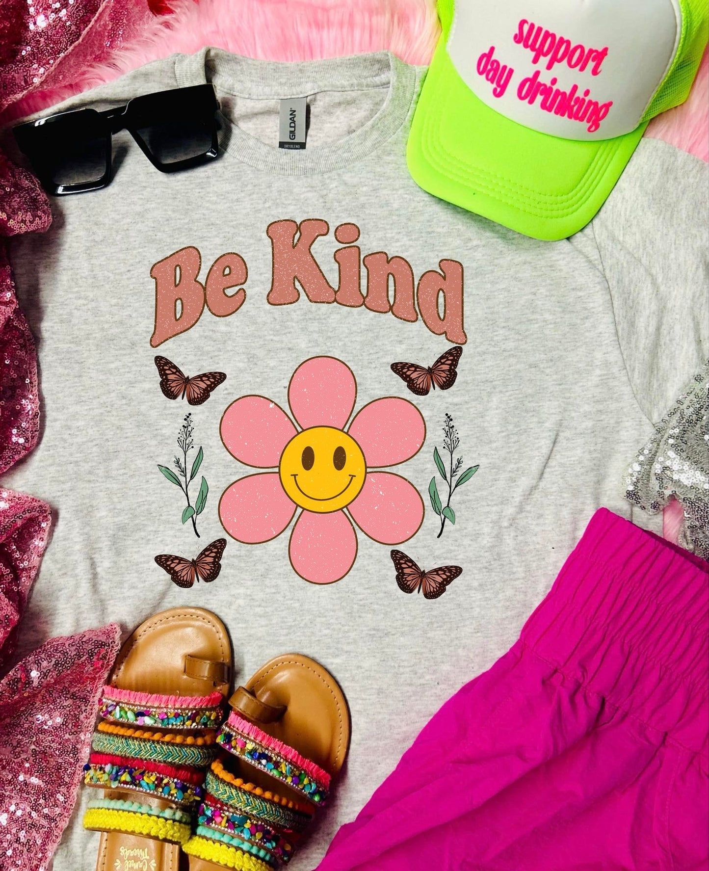 Be Kind Pink Flower Ash Grey Tee