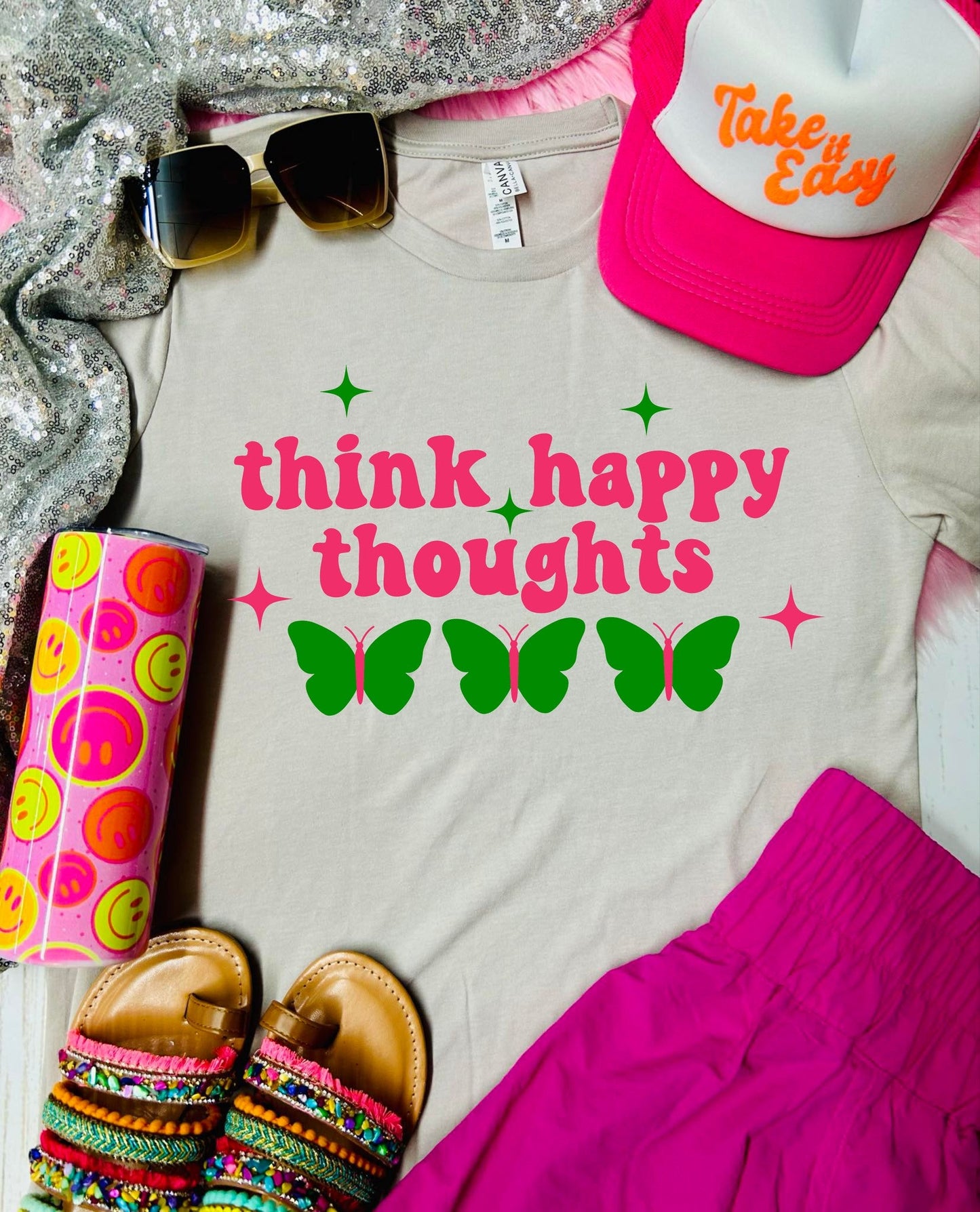 Think Happy Thoughts Butterfly Tan Tee