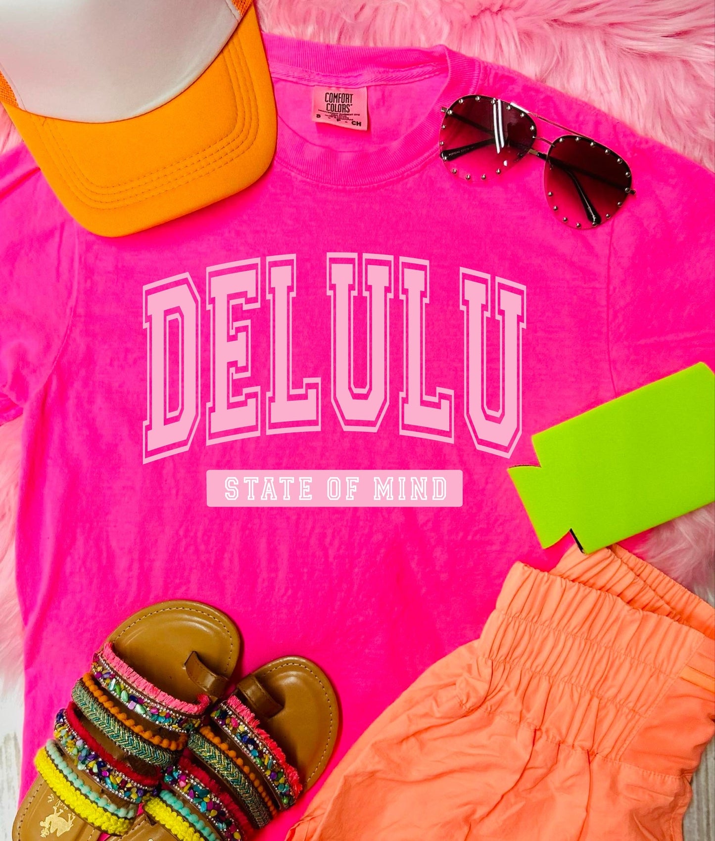 *DTF* Delulu State of mind Neon Pink Comfort Color Tee