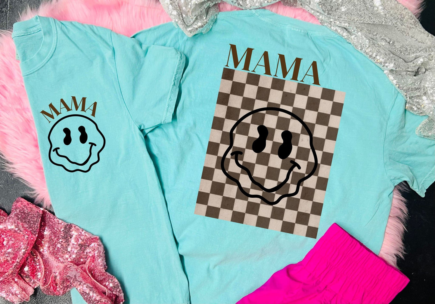 *DTG* Mama Checkered Smiley Front Pocket & Big On Back Design