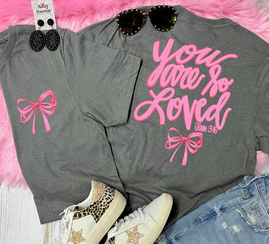 *DTG* You Are So Loved Bow Front Pocket & Big On Back Design Gunmetal Tee