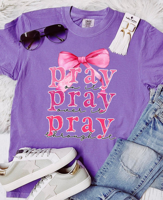 *DTF* Pink Bow Pray On It Violet Comfort Color