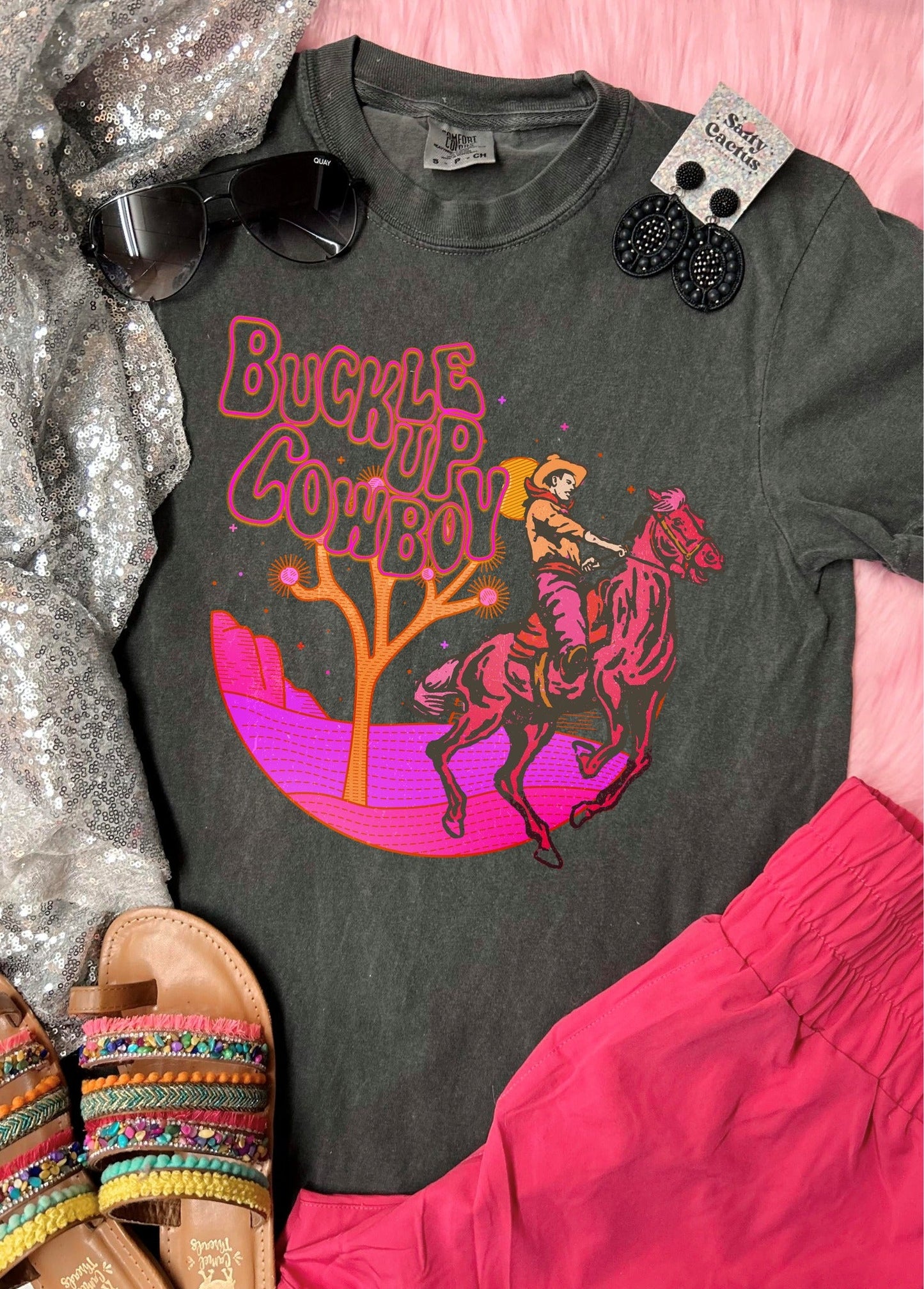 *DTF* Buckle Up Cowboy Neon Colors Pepper Comfort Color Tee