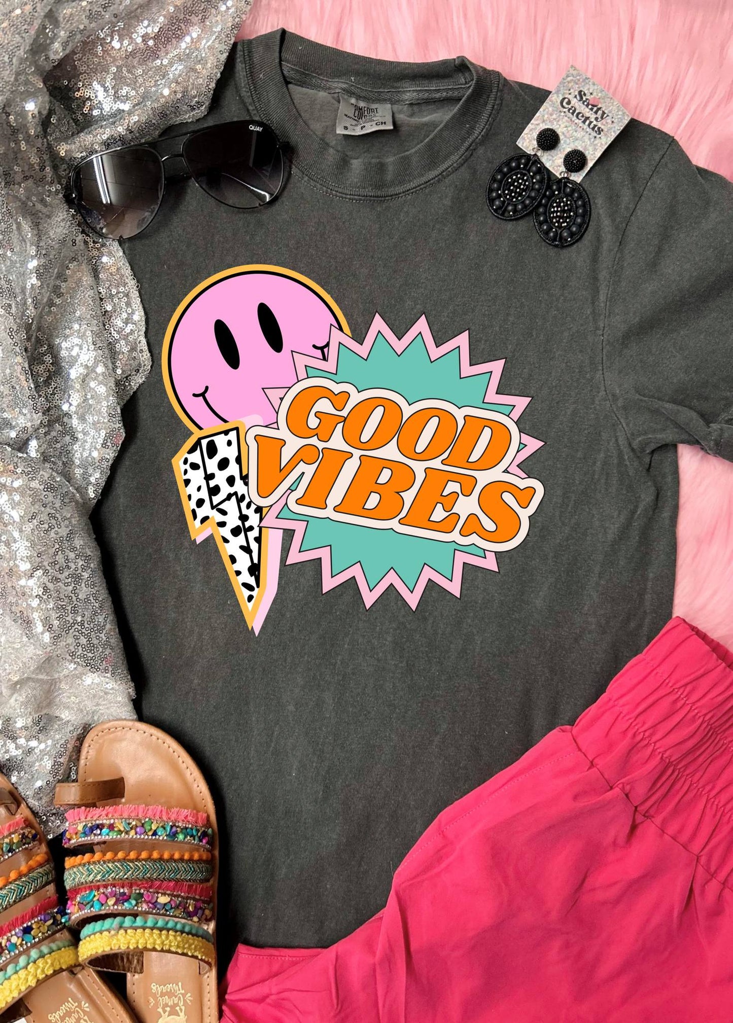 *DTF* Good Vibes Smiley Bolt Pepper Comfort Color Tee