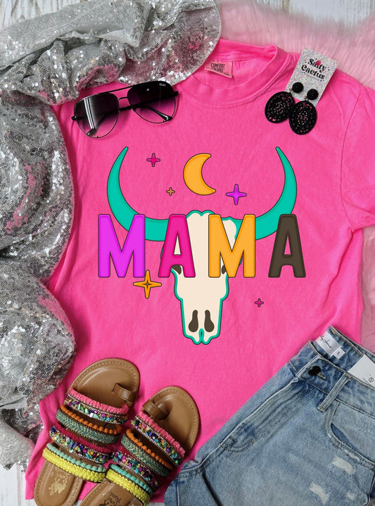 *DTF* Mama Colorful Western Skull Neon Pink Comfort Color Tee