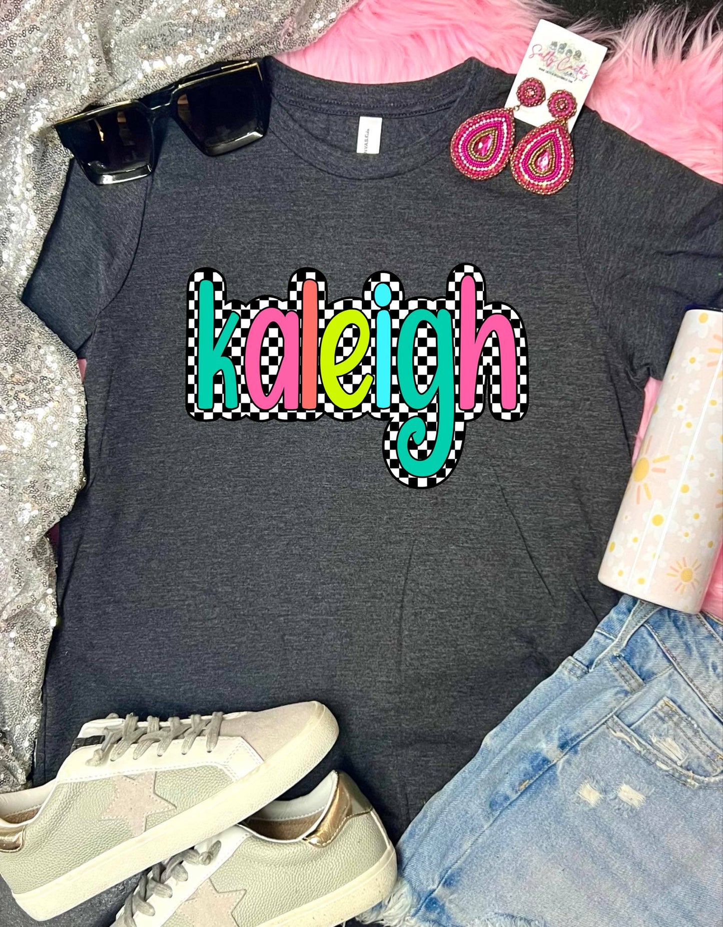 *DTF CUSTOM* GIRL Version Checkered Colorful Name Dark Grey Tee