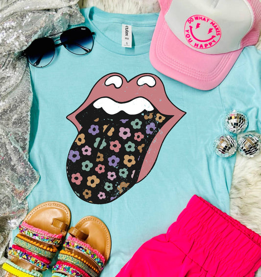 *DTF* Lips Flower Tongue Heather Purist Blue Tee