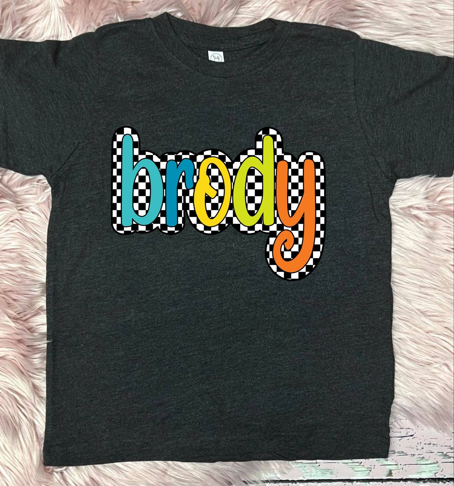 *DTF CUSTOM* BOY Version Checkered Colorful Name Dark Grey Tee (Copy)