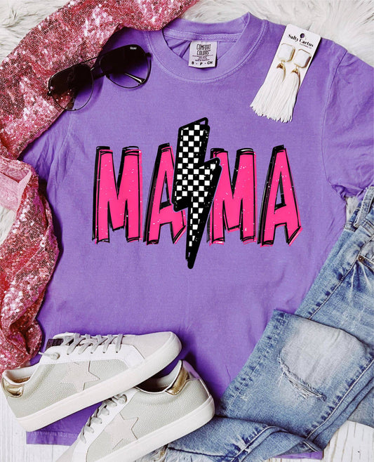 *DTF* Mama Neon Pink Checkered Bolt Violet Comfort Color